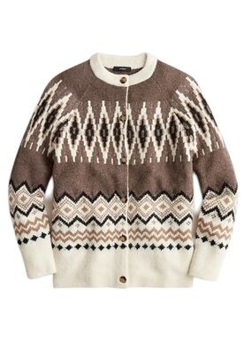 J. Crew Sweater Wool Blend Fair Isle Cardigan S Brown Cream Relaxed Fit Fall